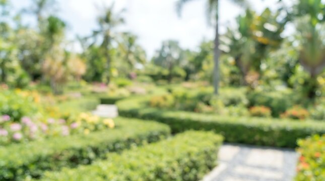 A beautifully manicured garden with winding pathways and lush green hedges under a bright sky.