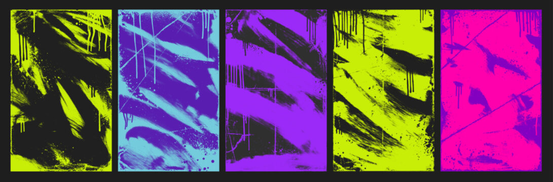 Urban punk spray paint poster background set. Bright colored half tone grunge waves with paint splatters and drips. Punk grunge texture covers. Spray paint vandal texture, urban street art wall.