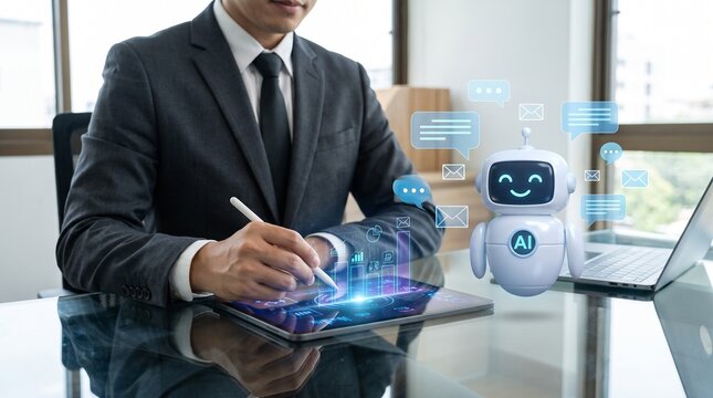 Business professional working on a digital tablet with AI chatbot and data visualization graphics for corporate management tasks.