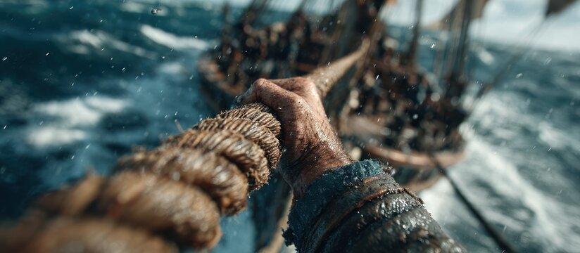 Person holding ship rope sailing.