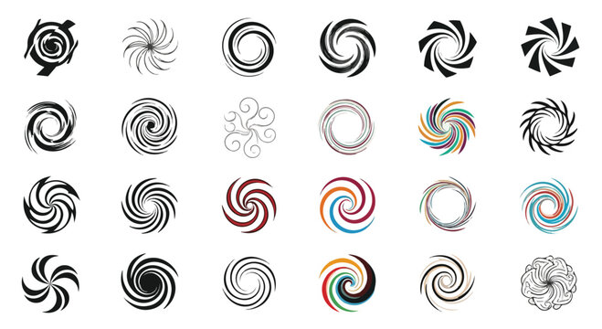 Spiral swirl vortex icons set, 24 abstract geometric circular motion symbols, black and colorful radial twist vector elements for logo design