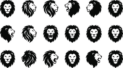 Set of black lion head silhouettes featuring different angles and expressions for branding and projects on a white background © GR Graphics