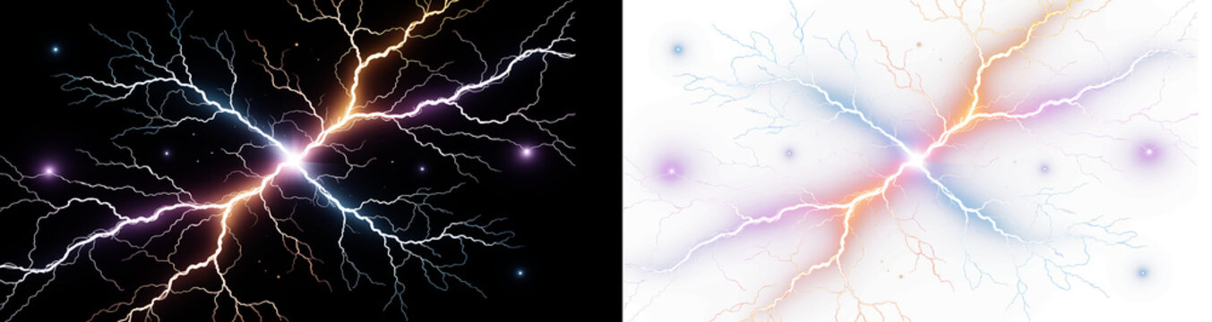 Powerful colorful lightning bolts discharge brilliantly across black and white backgrounds