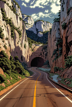 Generated illustration of an empty long road going through a scenic landscape.
