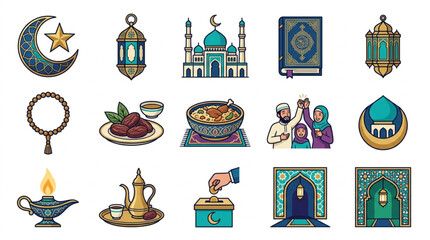 Ramadan and Eid al Fitr celebration icons set.