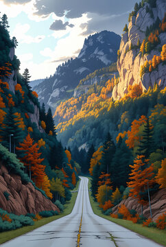 Generated illustration of an empty long road going through a scenic landscape.
