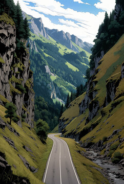 Generated illustration of an empty long road going through a scenic landscape.
