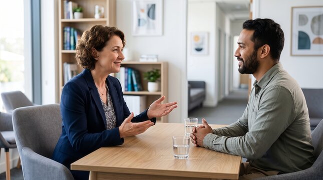 Female Doctor in Business Suit Consulting Male Patient across Wooden Table