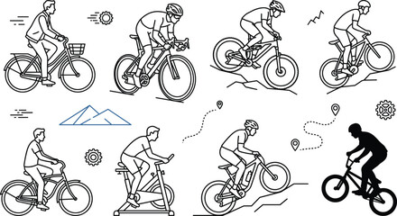 Fototapeta premium Bicycle Cyclist Mountain Bike and Stationary Exercise Cycle Line Icon Vector Design Set