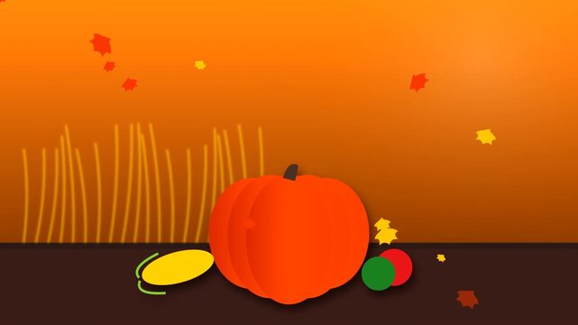 Vibrant 3D illustration of pumpkin surrounded by autumn leaves and colorful objects on warm gradient background