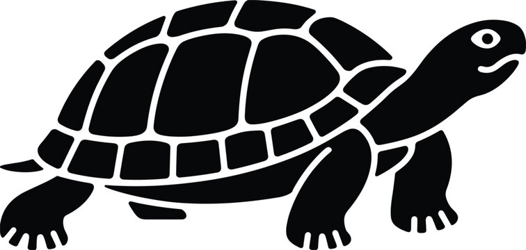 A detailed black silhouette of a walking turtle isolated on a white background, showing shell patterns and limbs