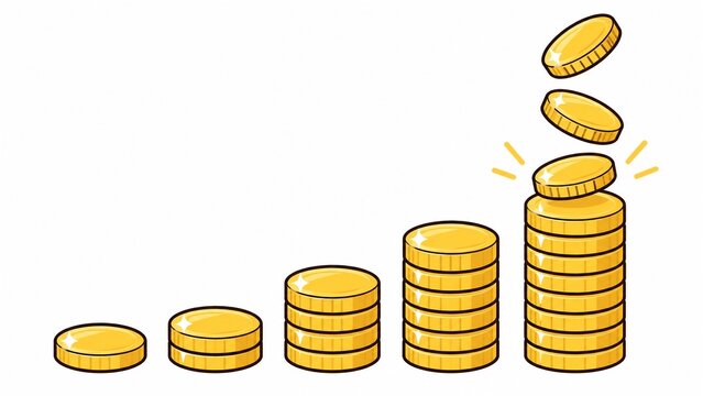白い背景に積み上げられていく金貨のイラスト、成長や資産形成の概念