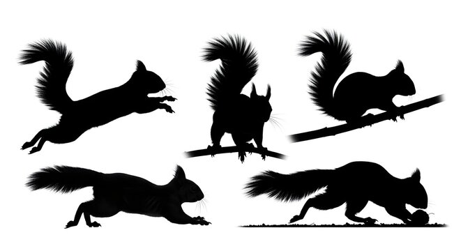 black silhouette of squirrels in various dynamic playful poses jumping climbing and running