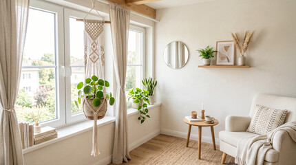 Fototapeta premium Cozy living room with plants and relaxed decor in natural light 