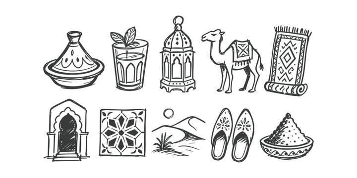 Moroccan culture and Arabian desert travel doodle element collection set, Vector Illustration