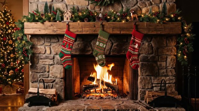 Fireplace glowing with warm flames, festive Christmas garlands, twinkling fairy lights, hanging stockings, 4K video