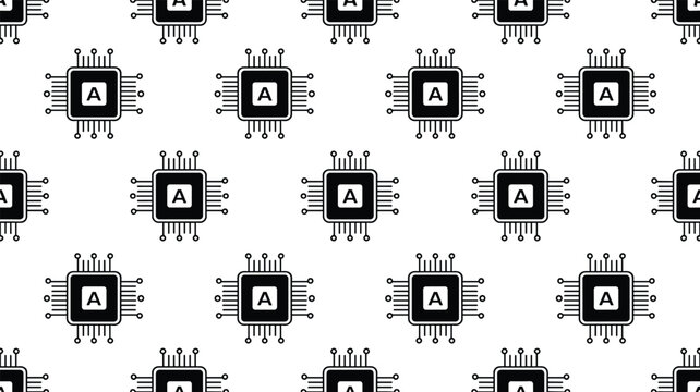 AI Microchip Seamless Pattern with Artificial Intelligence Processor Icons on White Background