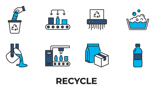 Recycling process bottle collection conveyor shredding washing melting packaging.