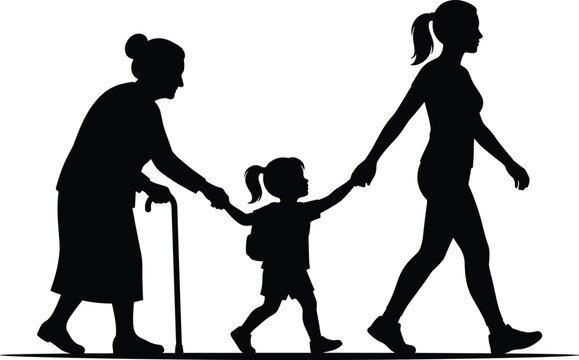 Three generations of family vector silhouettes walking together including grandmother, mother, and child
