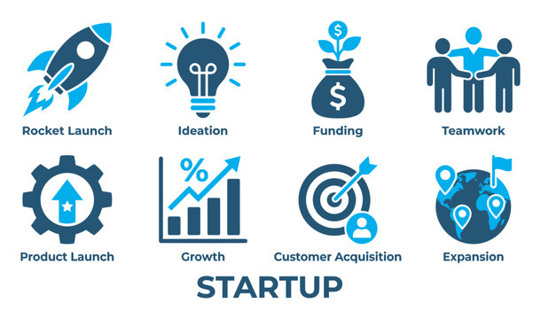 Startup business icons illustrating rocket launch ideation funding teamwork growth and expansion.