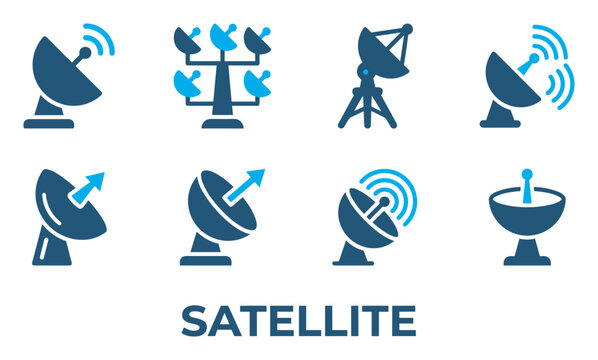 Various satellite dish antennas and communication technology icons for broadcasting.