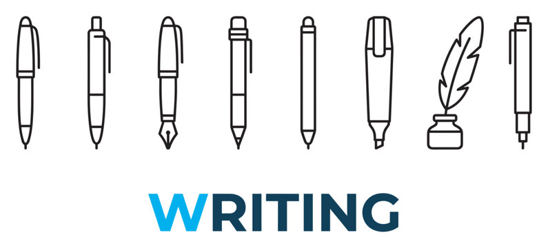 Variety of writing tools including pens and quill for creative work and signatures.