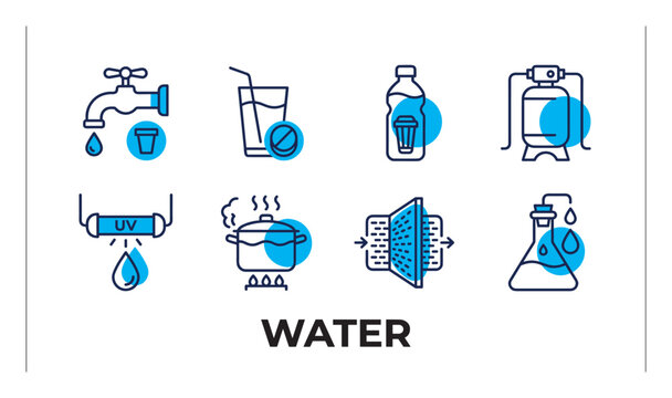 Water purification methods tap boiling bottle filter UV sterilization flask icons clean.