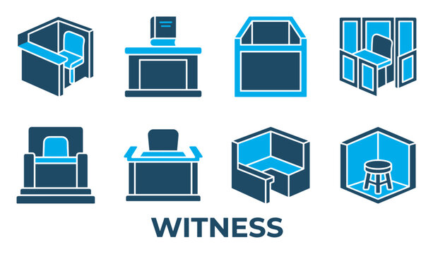 Various witness booths and stands representing legal testimony and court settings.