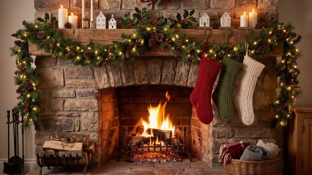Fireplace glowing with warm flames, festive Christmas garlands, twinkling fairy lights, hanging stockings, 4K video