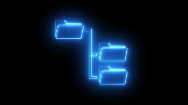  Neon glowing folders connected in hierarchical system directory. Information technology folder hierarchy icon for cloud data storage. 4k animated folder icon video. 