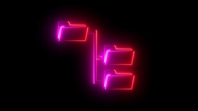  Neon glowing folders connected in hierarchical system directory. Information technology folder hierarchy icon for cloud data storage. 4k animated folder icon video. 