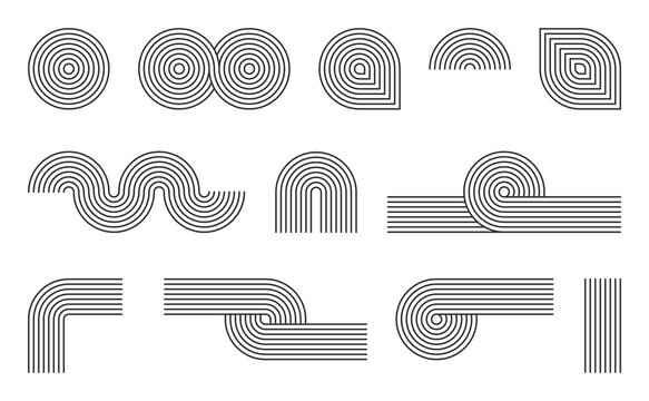 Abstract geometric monoline shapes set with continuous parallel line patterns minimalist vector collection