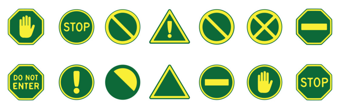 Collection of various traffic and warning signs in green and yellow colors displayed on a white background
