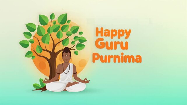 Happy Guru Purnima Greeting with Meditating Sage under Bodhi Tree