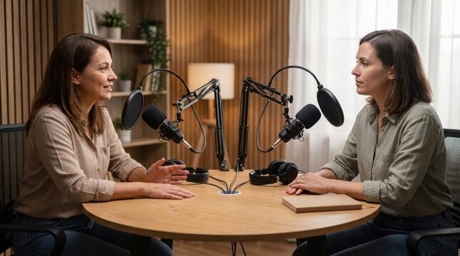 Inclusive Community Podcast Production concept. Two women engaged in a podcast recording session with microphones.