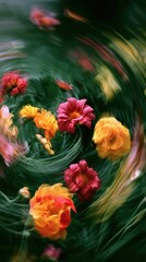 Obraz premium Vibrant swirl of red, yellow, and pink flowers on a green background mobile wallpaper.