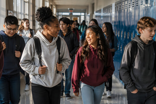 Diverse Happy High School Students Walking in School Hallway