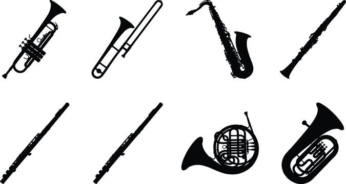 Wind and brass instruments set featuring trumpet trombone saxophone clarinet flute french horn tuba