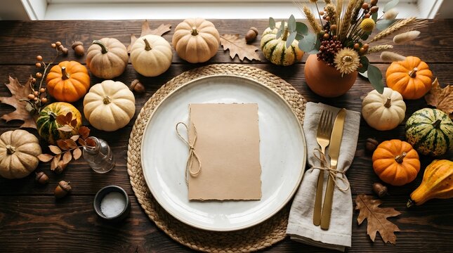 Top view of a rustic table setting decorated with mini pumpkins and autumn leaves for a festive thanks giving day dinner celebration at home