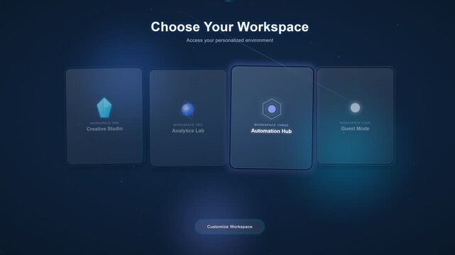 Interactive UI/UX dashboard screen animation displaying a "Choose Your Workspace" selection layout with glowing glassmorphic cards for Creative Studio, Analytics Lab, Automation Hub, and Guest Mode