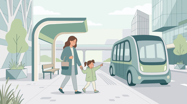 Mother and daughter at autonomous shuttle stop with futuristic city background