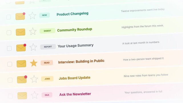 Animated UI design of a weekly digest inbox featuring colorful envelope icons, unread notifications, and a clean layout with a modern touch, perfect for email applications or productivity tools