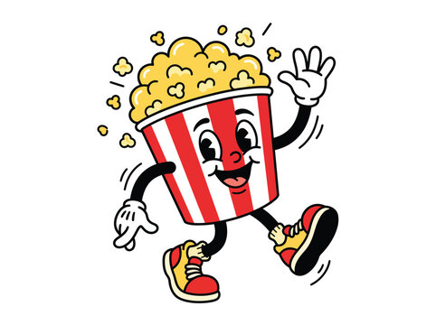 Cute popcorn character waving. Retro cartoon mascot for cinema and movie snacks.