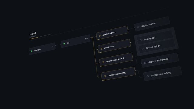 Dynamic CI CD Fan-out Pipeline Animation Featuring Dark UI with Job Cards, Success and Failure Indicators, and Film Grain Effect for Tech Presentations