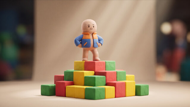 上昇するグラフとピラミッドを背景に立つ自信に満ちたマットなクレイマスコット