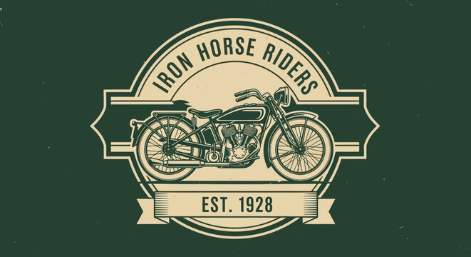 Motorcycle emblem displays a vintage cruiser bike design with bold typography and established date.