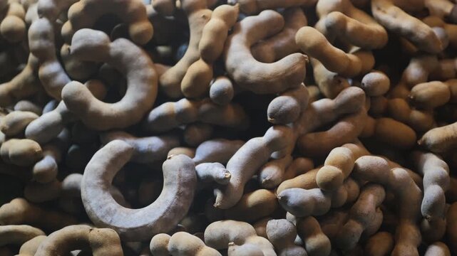 Large pile of fresh whole tamarind pods displayed for sale on a market vendor counter. Food and market concept