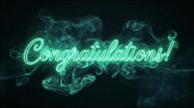 Green neon congratulations script on solid black background.