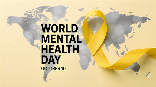 World mental health day concept with a yellow awareness ribbon over a world map background for global support