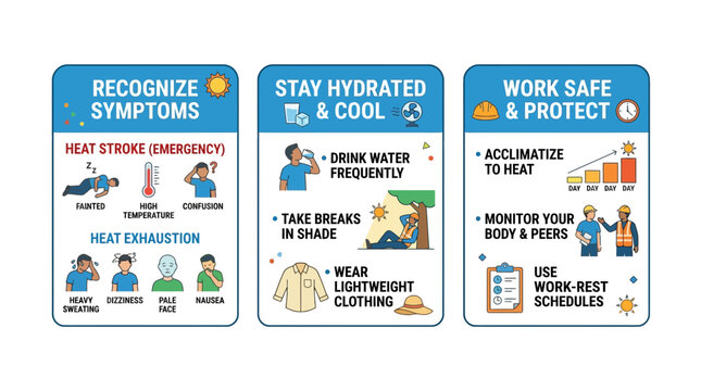 Occupational Heat Stress Safety Infographic with Symptoms and Prevention Tips for Outdoor Workers